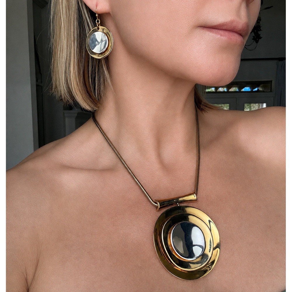 Vintage Robert Lee Morris RLM SOHO Gold Silver Disc Necklace Earrings Set Modern